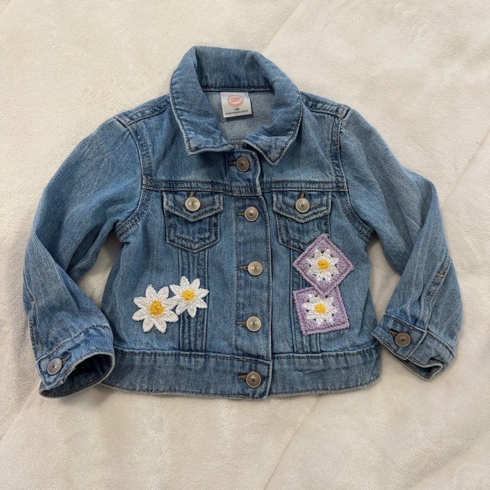 Toddler Girls Denim Jacket 12M Daisy Flower Applique‎ Cute Blue Jean Coat